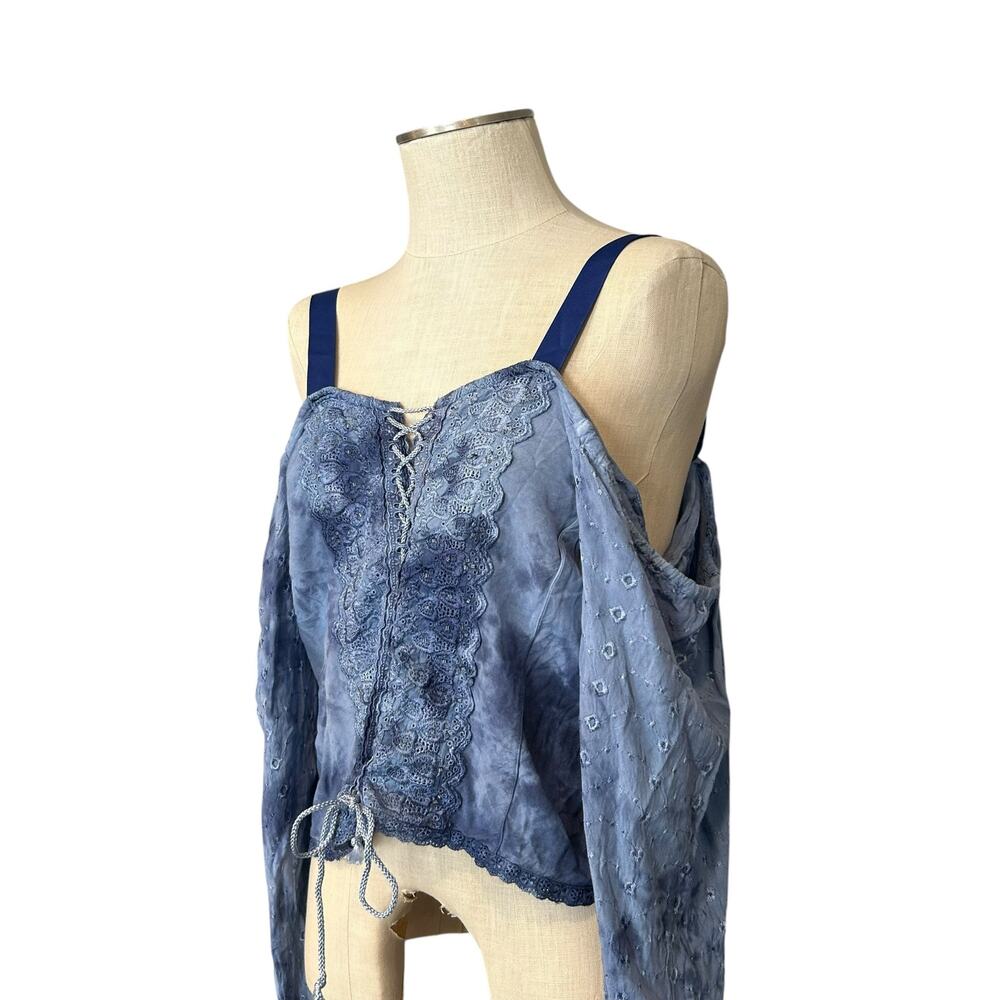 Vintage Boho Blue Lace Up Cropped Top Flared Sleeves One Size - Picture 13 of 13